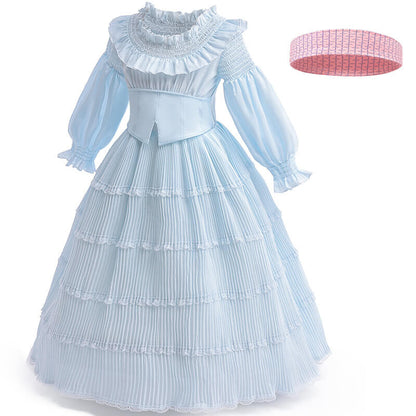 Girls Ariel Dress Ruffled Ball Gown Mermaid Costume Princess Blue Dress with Hair Band for Halloween