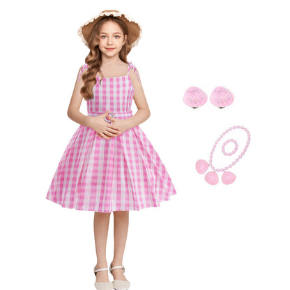 Girls Pink Plaid Dress with Hat Bag and Jewelry Kids Cosplay Outfit for Halloween Party