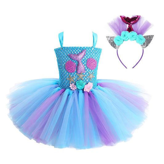 Kids Mermaid Tutu Dress with Hair Hoop Princess Arial Dress Little Mermaid Daily Cosplay Costume