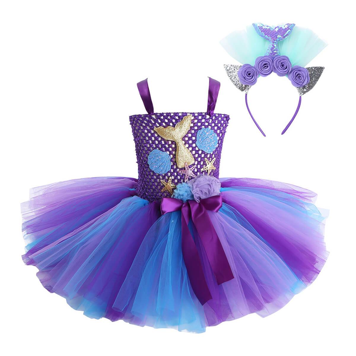 Kids Mermaid Tutu Dress with Hair Hoop Princess Arial Dress Little Mermaid Daily Cosplay Costume