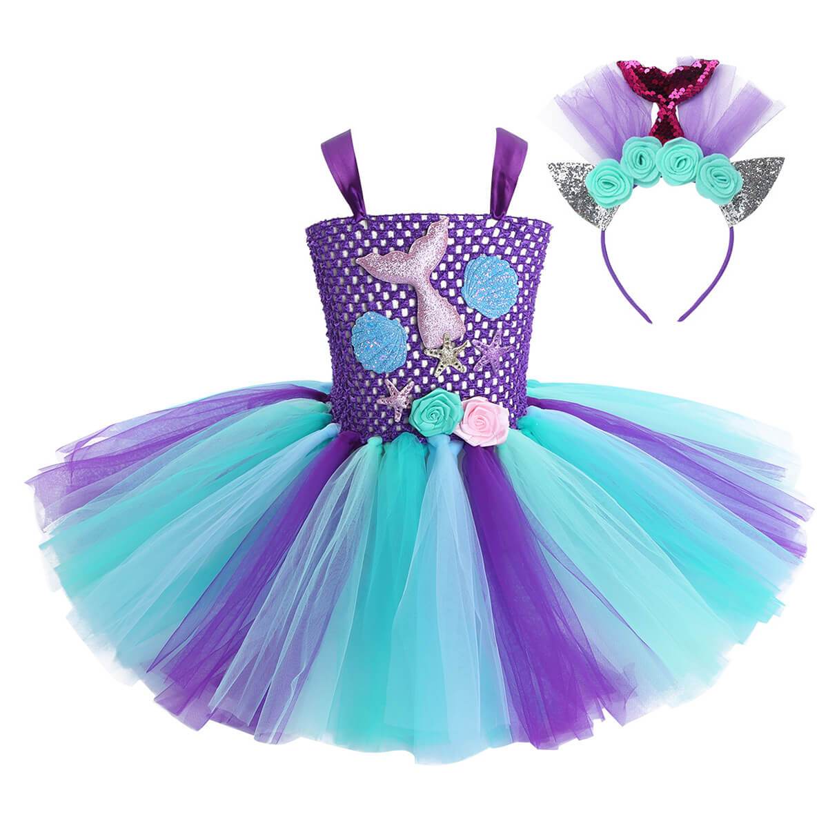 Kids Mermaid Tutu Dress with Hair Hoop Princess Arial Dress Little Mermaid Daily Cosplay Costume