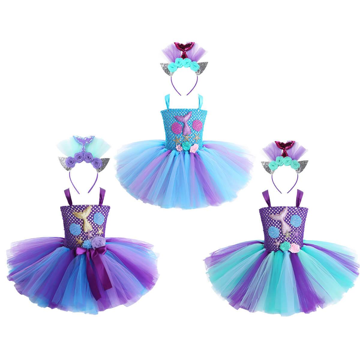 Kids Mermaid Tutu Dress with Hair Hoop Princess Arial Dress Little Mermaid Daily Cosplay Costume