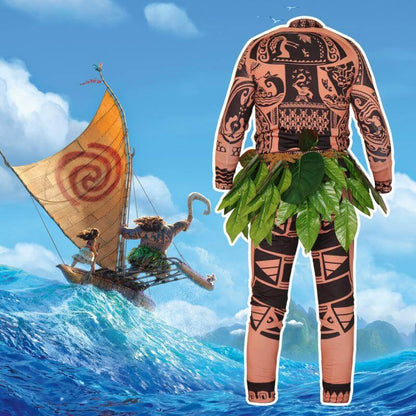 Moanna Maui Costume Boys/Man Halloween Cosplay Tattoo Shirt and Pants with Leaves Skirt