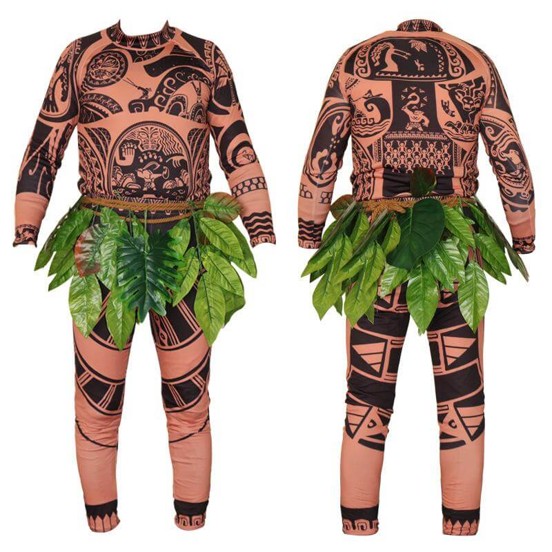 Moanna Maui Costume Boys/Man Halloween Cosplay Tattoo Shirt and Pants with Leaves Skirt