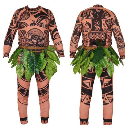Moanna Maui Costume Boys/Man Halloween Cosplay Tattoo Shirt and Pants with Leaves Skirt