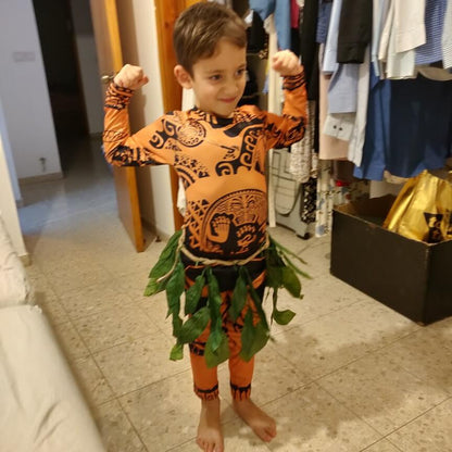 Moanna Maui Costume Boys/Man Halloween Cosplay Tattoo Shirt and Pants with Leaves Skirt