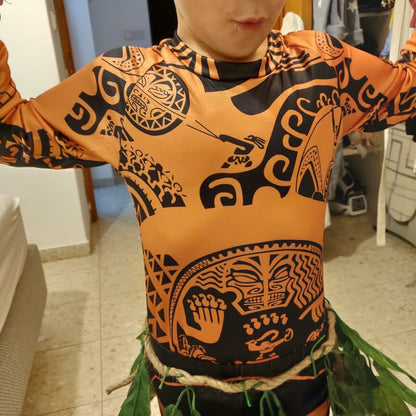 Moanna Maui Costume Boys/Man Halloween Cosplay Tattoo Shirt and Pants with Leaves Skirt