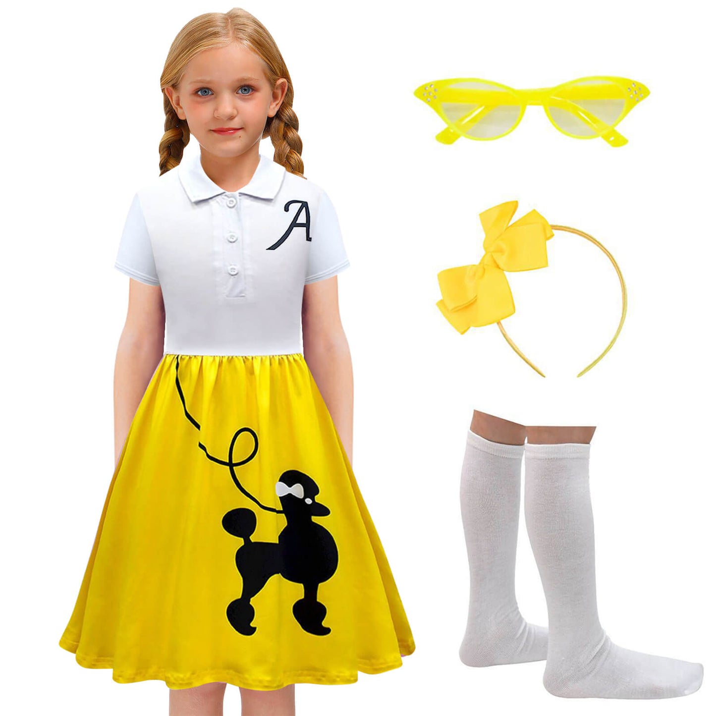 Poodle Skirts 1950s Girls Sock Hop Outfit with Accessories High Waist Poodle Dress 4pcs Sets 50s Costumes