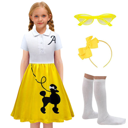 Poodle Skirts 1950s Girls Sock Hop Outfit with Accessories High Waist Poodle Dress 4pcs Sets 50s Costumes