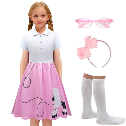 Poodle Skirts 1950s Girls Sock Hop Outfit with Accessories High Waist Poodle Dress 4pcs Sets 50s Costumes