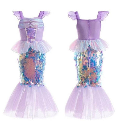 Kids Sequins Mermaid Dress Sea Princess Dress Beach Vacation Mermaid Tail Tutu Dress