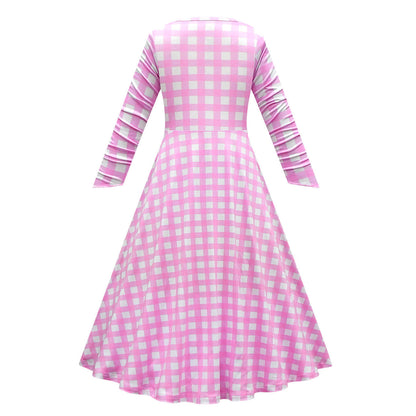 Girls Barbiecore Costume Pink Plaid Dress Long Sleeve Outfit with Hat Necklace for Halloween Cosplay