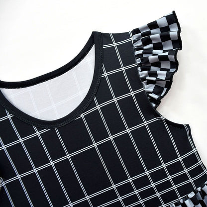 Baby Girl Cruella Dress Classic Deville Black White Plaid Dress Bag Costume Set for Halloween Cosplay