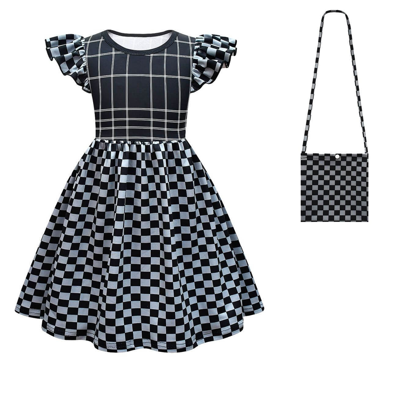 Baby Girl Cruella Dress Classic Deville Black White Plaid Dress Bag Costume Set for Halloween Cosplay