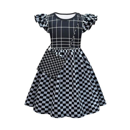 Baby Girl Cruella Dress Classic Deville Black White Plaid Dress Bag Costume Set for Halloween Cosplay