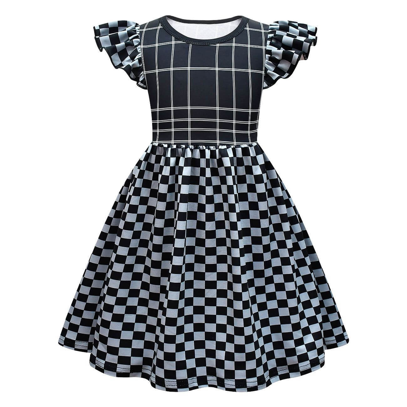 Baby Girl Cruella Dress Classic Deville Black White Plaid Dress Bag Costume Set for Halloween Cosplay