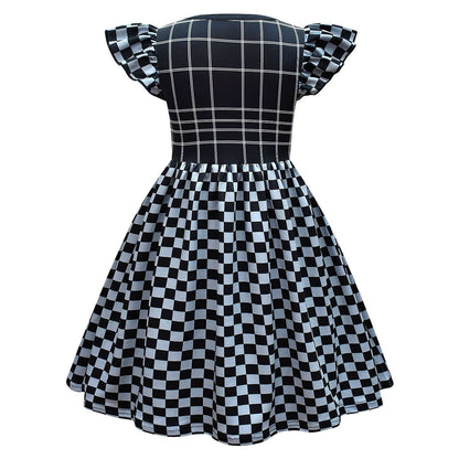 Baby Girl Cruella Dress Classic Deville Black White Plaid Dress Bag Costume Set for Halloween Cosplay