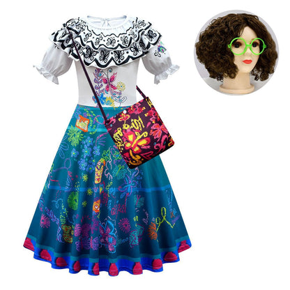 Kids Mirabel Madrigal Cosplay Dress Puff Sleeve High Waist Cosplay Outfit Party Costume