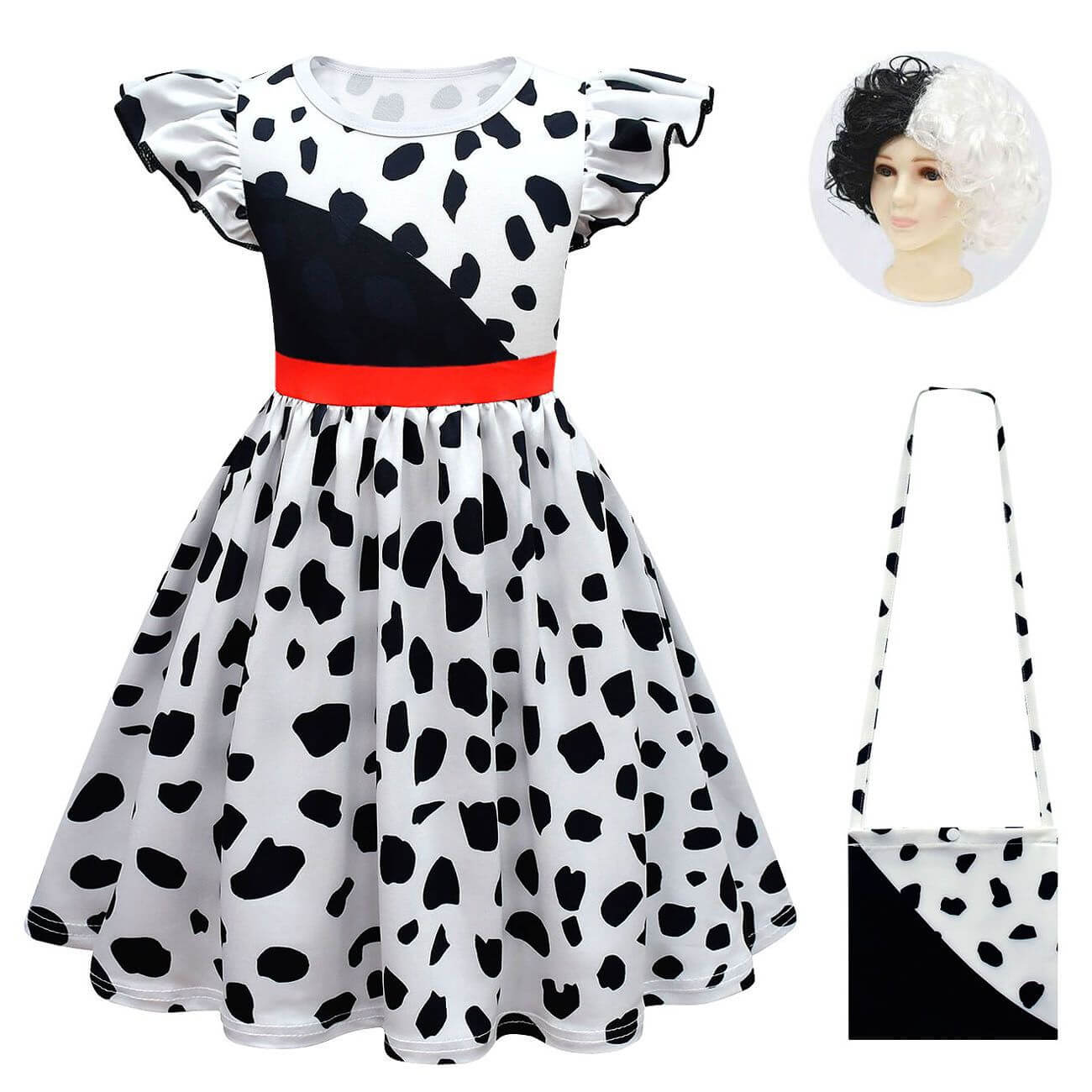 Grils White/ Black Costume Halloween Cosplay Dress Kids Cosplay Dress Wig Bag Full Set