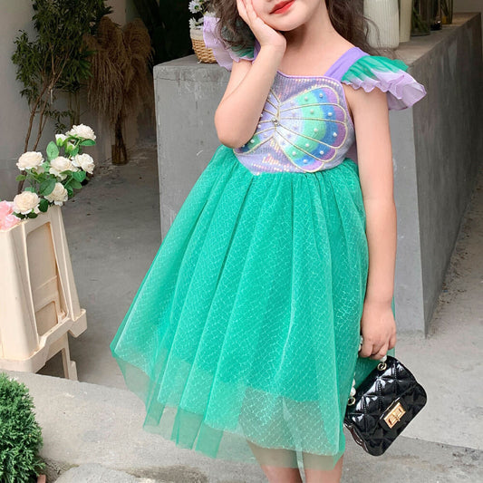 Kids Little Mermaid Dress Princess Ariel Cosplay Costume Flying Sleeve Multi-layered Tutu Dress