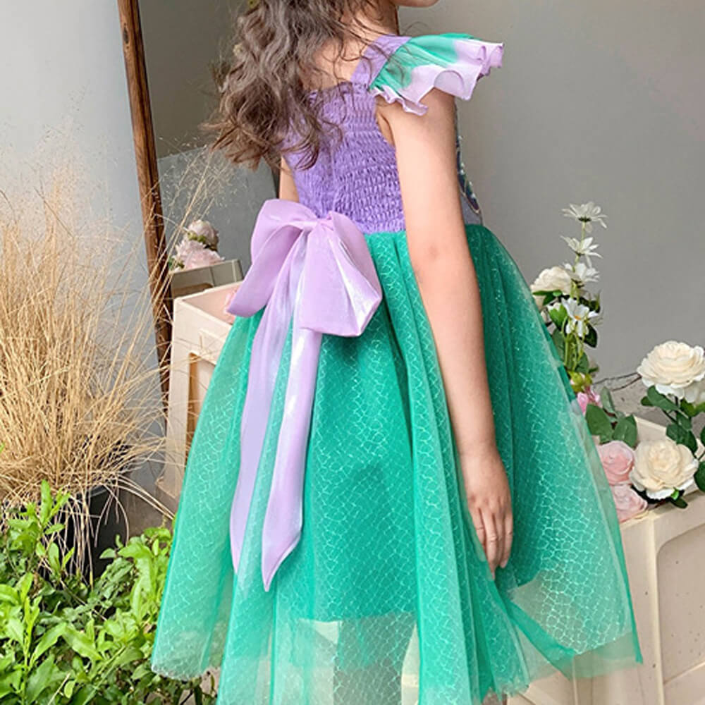Kids Little Mermaid Dress Princess Ariel Cosplay Costume Flying Sleeve Multi-layered Tutu Dress