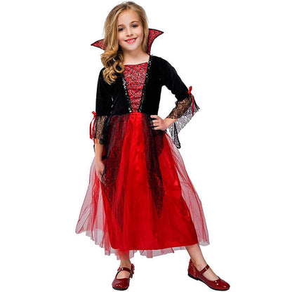 Girls Vampire Costume Red Black Dress Halloween Masquerade Party Scary Performance Cosplay Costumes