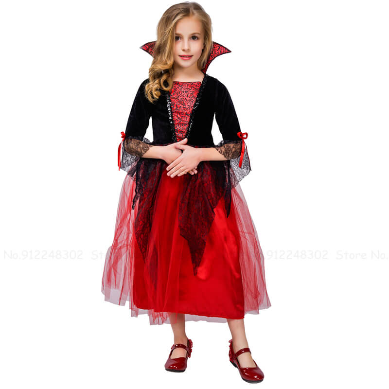 Girls Vampire Costume Red Black Dress Halloween Masquerade Party Scary Performance Cosplay Costumes