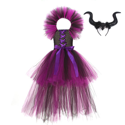 Girls Witch Costume Evil Queen High-low Tutu Dress with Horns Headband and Witch Wings for Cosplay