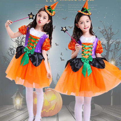 Girls Halloween Cosplay Costume Witch Dress Hat Candy Bag and Magic Stick Sets for Role Play