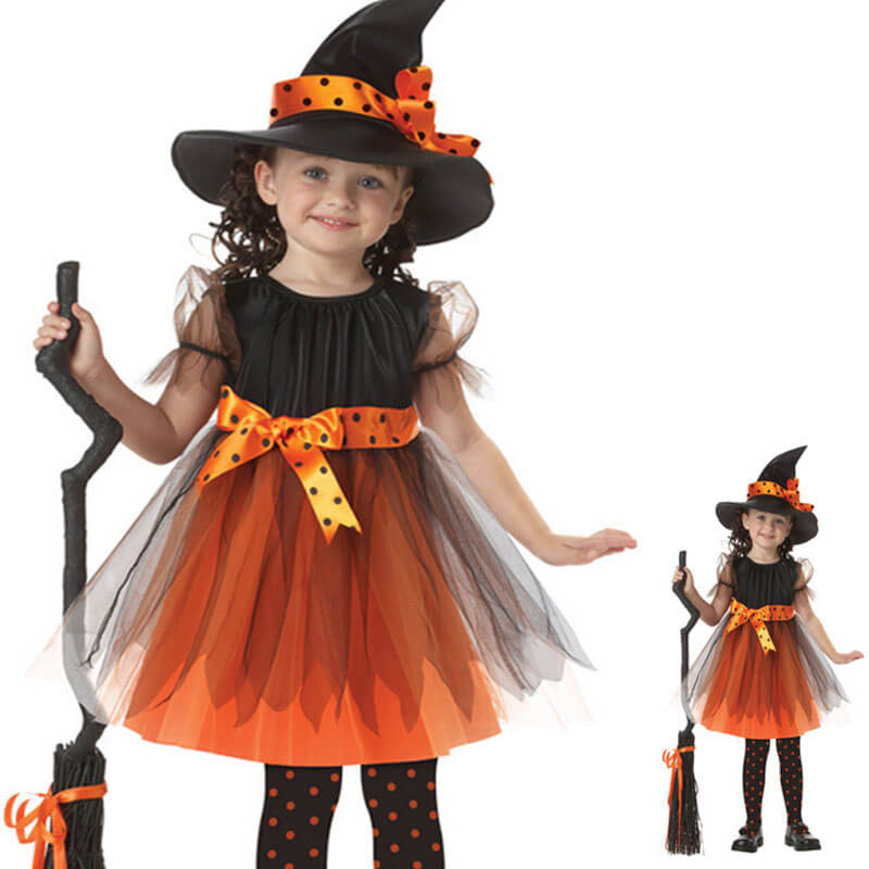 Girls Halloween Cosplay Costume Witch Dress Hat Candy Bag and Magic Stick Sets for Role Play