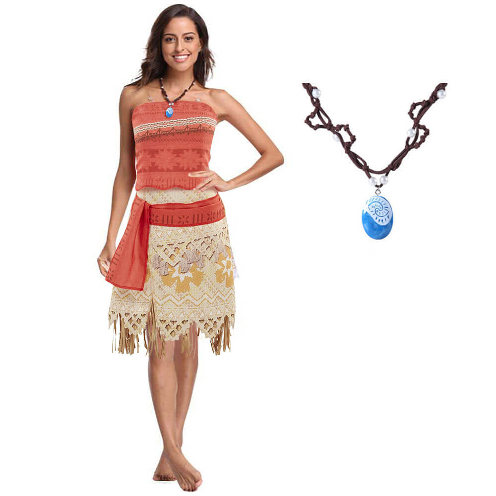 Moanna Costume Adult and Kids Polynesian Princess Cosplay Dress with Necklace