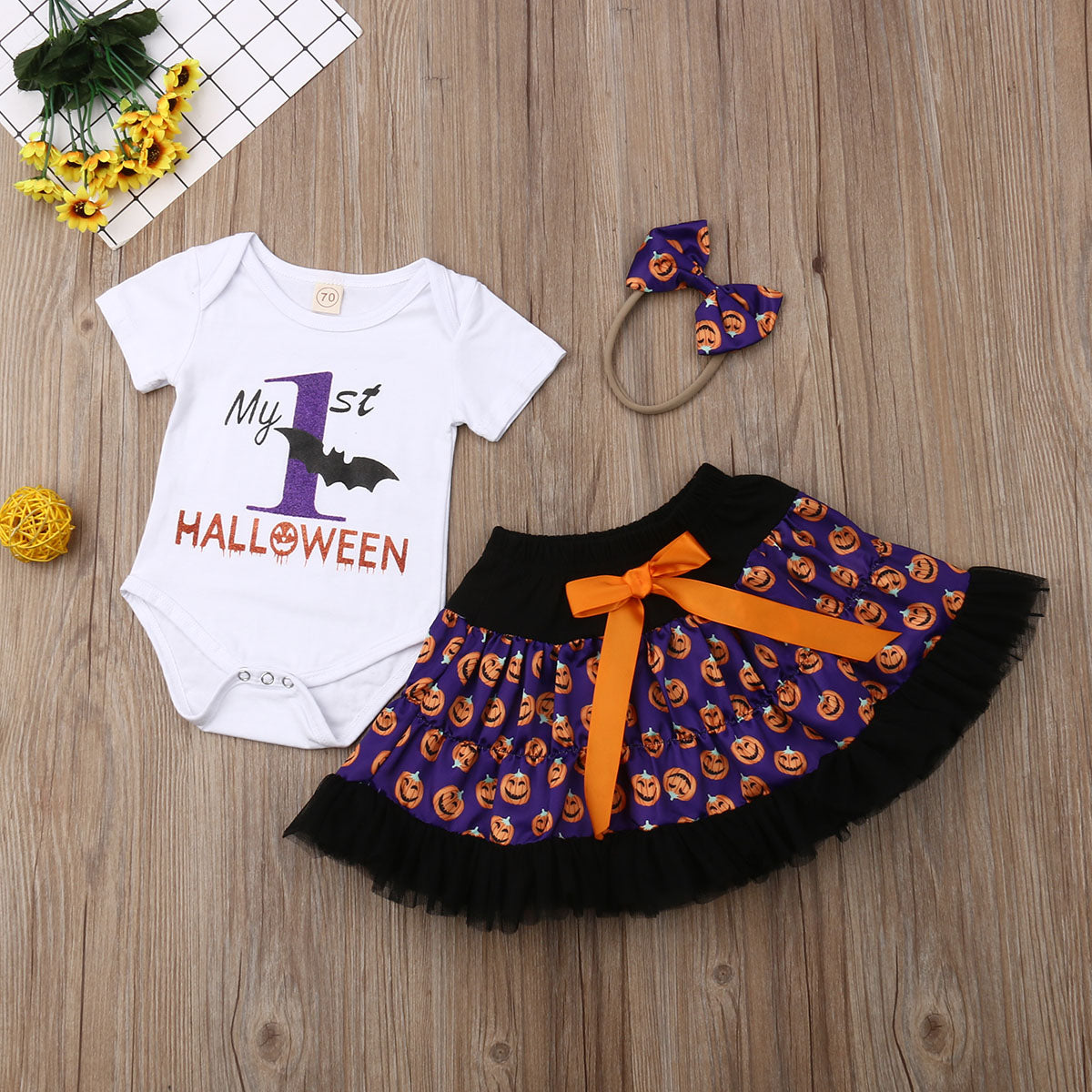 Baby Girls Halloween Romper Tutu Dress Headband Outfits 3PCS