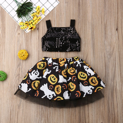 Baby Girls Halloween Party Outfit Pumpkin Sequin Top Skirt Cake Tutu Dress