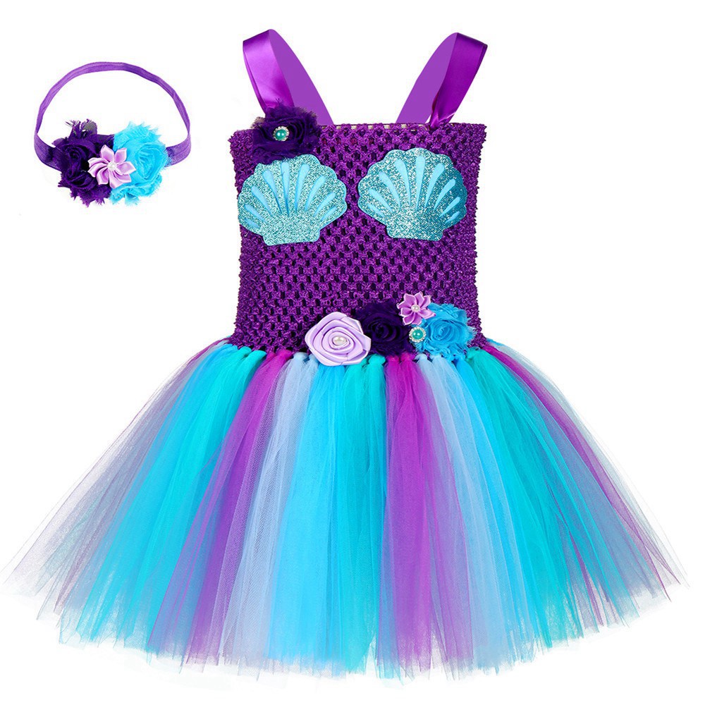 Girls Mermaid Tutu Dress Sea Princess Dress with Headband For 12 Months To 8 Years