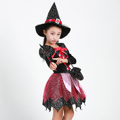 Kids Girls Halloween Costume Dress Hat Bag Stick Outfit 4Pcs