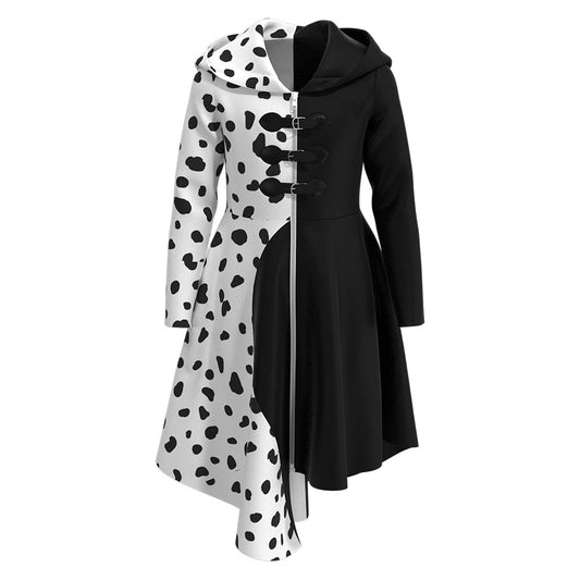 Cruella Deville Costume White and Black Cosplay Jacket Dress with Hood Halloween Cosplay Outfit