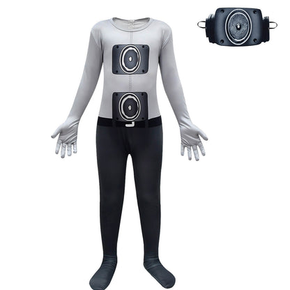 Skibidi Toilet Costume Cameraman Jumpsuit and Mask 2pcs Suit Kids Cosplay Outfit for Halloween